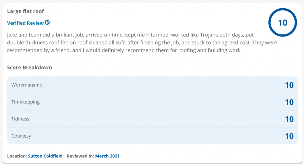 Flat roof review 10/10 on CheckATrade