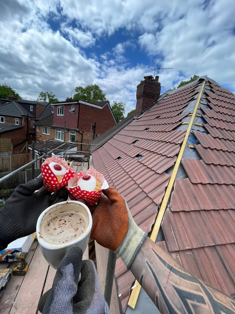 New_Tiled_Roof_Hip_Cakes_Tea_Break_Team_Your_Space_Innovations_Roofing_&_Building_Services_Ltd Your Space Innovations roofing team taking a break during a new tiled hip roof installation