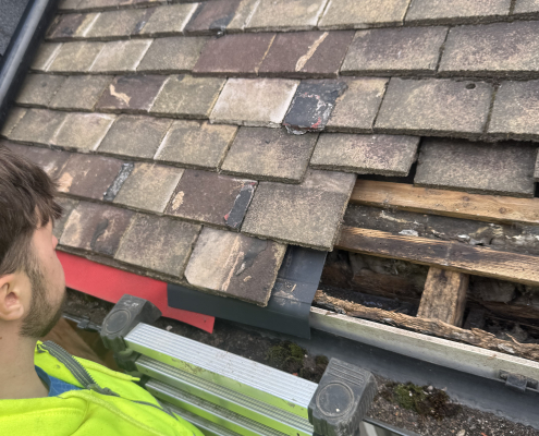 Lifted roof tiles revealing hidden eaves timber damage Roofing contractor inspecting hidden timber damage beneath lifted roof tiles at the eaves