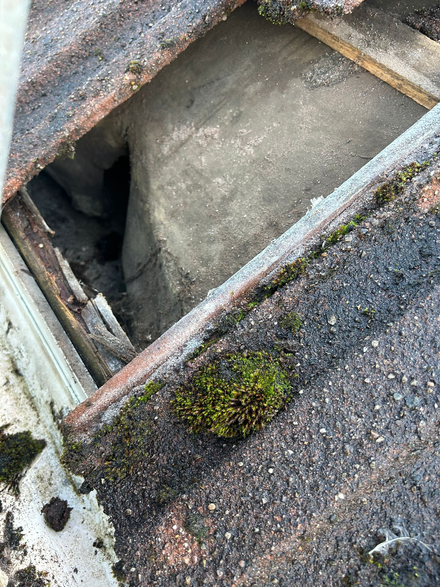 Deteriorated roof underlay visible beneath tiles