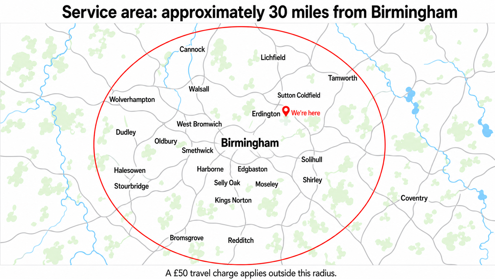 exec-3b5b9b5a-00a1-4155-a767-9a4bc7104783 Approximate 30-mile service area from Birmingham, showing Erdington, Solihull, Selly Oak and Wolverhampton